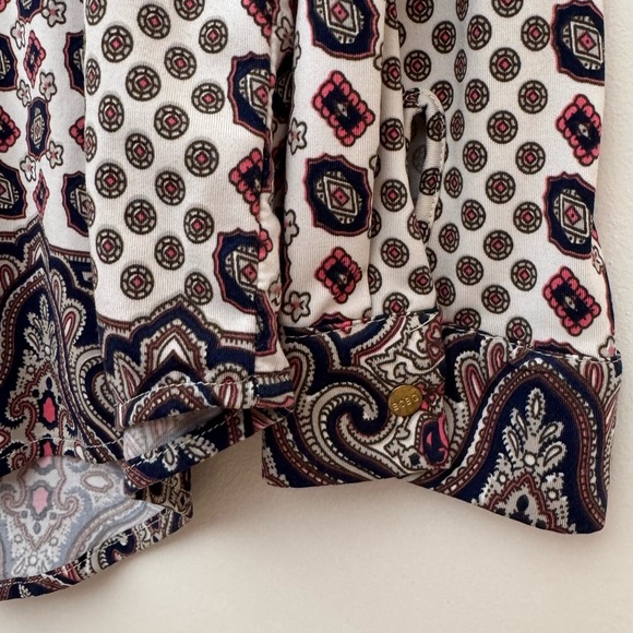BCBGMaxAzria Boho Paisley Geometric Lace Up Blouse Size Large Dressy Casual Top - Picture 6 of 6